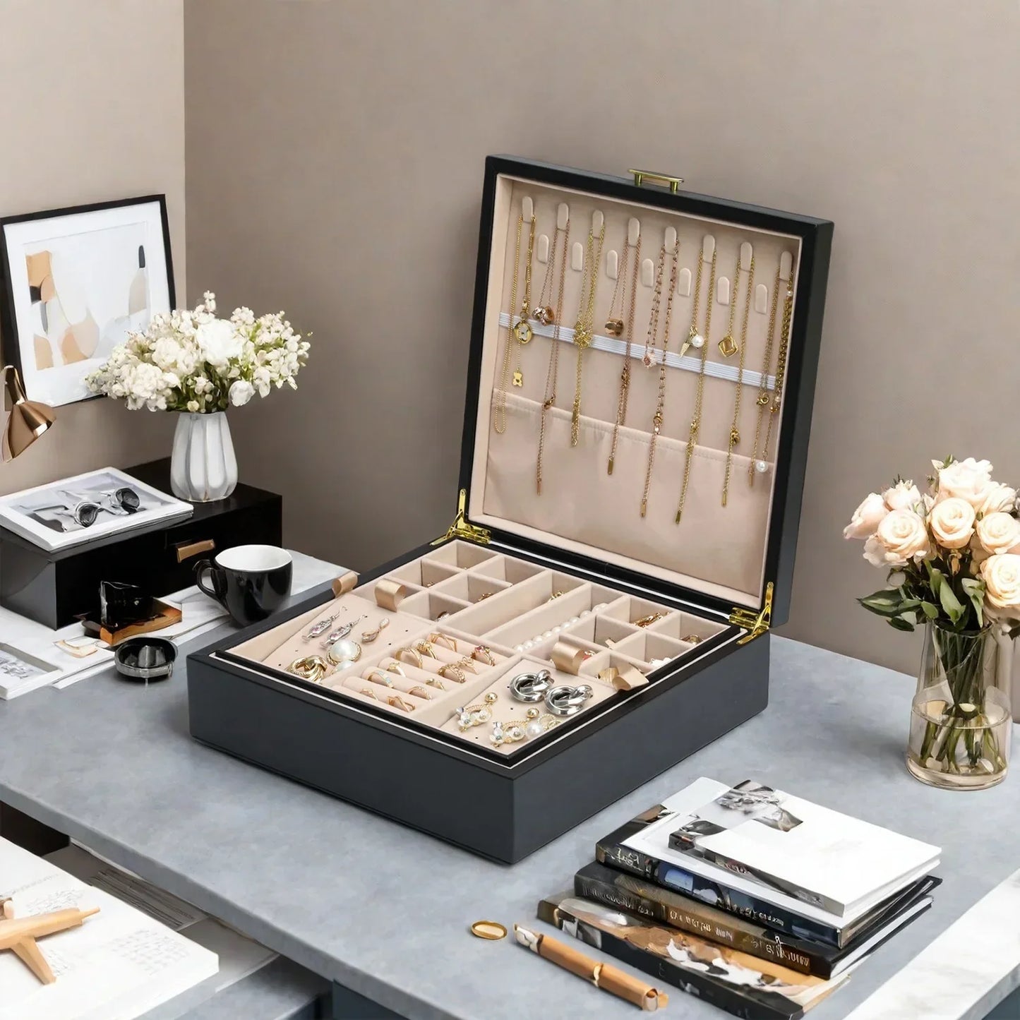 Boîte à bijoux rigide en cuir