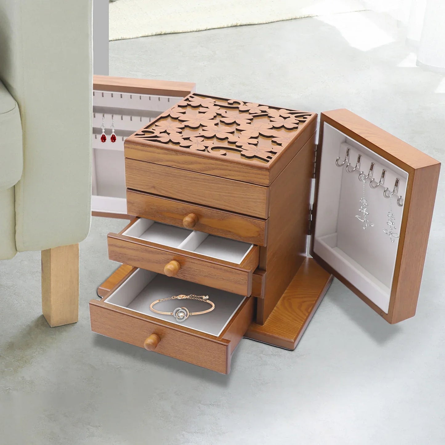 Boîte à bijoux 4 tiroirs avec miroir en bois